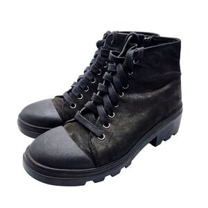 Eileen Fisher Black Leather Lace Up Ankle Boots Women's 7 Side Zip Chunky